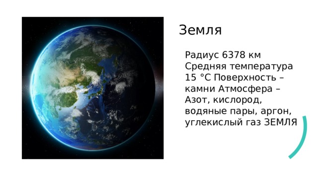 Земля   Радиус 6378 км Средняя температура 15 °С Поверхность – камни Атмосфера – Азот, кислород, водяные пары, аргон, углекислый газ ЗЕМЛЯ 