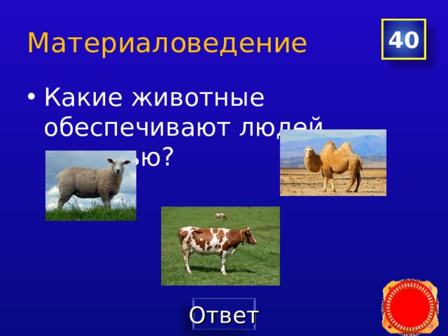 Материаловедение 40 Какие животные обеспечивают людей шерстью?  