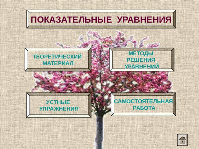 ПОКАЗАТЕЛЬНЫЕ УРАВНЕНИЯ ТЕОРЕТИЧЕСКИЙ МАТЕРИАЛ МЕТОДЫ РЕШЕНИЯ УРАВНЕНИЙ УСТНЫЕ УПРАЖНЕНИЯ САМОСТОЯТЕЛЬНАЯ РАБОТА 