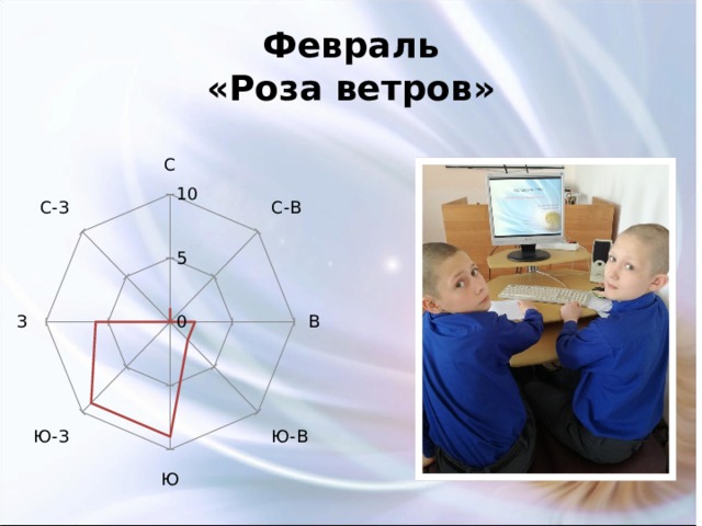 Февраль  «Роза ветров» 56мм осадков (9% годовой нормы) 