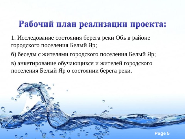 1. Исследование состояния берега реки Обь в районе городского поселения Белый Яр; б) беседы с жителями городского поселения Белый Яр; в) анкетирование обучающихся и жителей городского поселения Белый Яр о состоянии берега реки. 