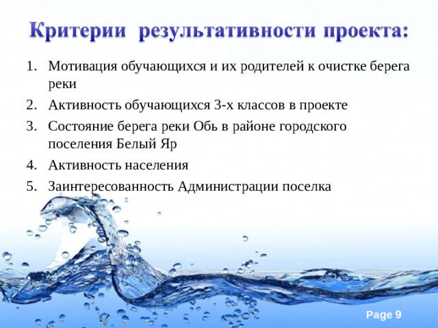 Мотивация обучающихся и их родителей к очистке берега реки Активность обучающихся 3-х классов в проекте Состояние берега реки Обь в районе городского поселения Белый Яр Активность населения Заинтересованность Администрации поселка  