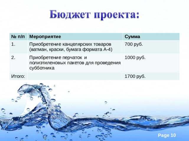 № п/п Мероприятие 1. Сумма Приобретение канцелярских товаров (ватман, краски, бумага формата А-4) 2. Приобретение перчаток и полиэтиленовых пакетов для проведения субботника 700 руб. Итого: 1000 руб. 1700 руб. 