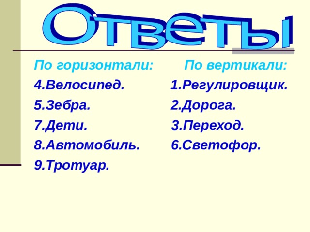 По горизонтали: По вертикали: 4.Велосипед. 1.Регулировщик. 5.Зебра. 2.Дорога. 7.Дети. 3.Переход. 8.Автомобиль. 6.Светофор. 9.Тротуар. 