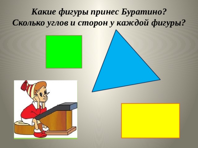 Фигуры с надписями. Математика в гостях у Буратино средняя группа. Математика в средней группе Мальвина учит считать Буратино. Буратино геометрические фигуры. Презентация в гостях у Буратино.