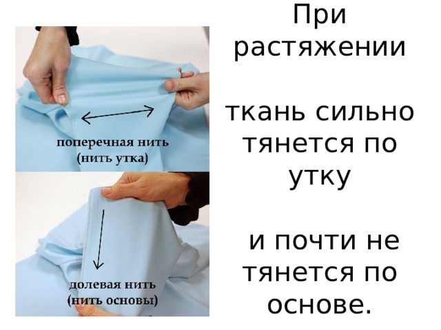 При растяжении   ткань сильно тянется по утку   и почти не тянется по основе. 