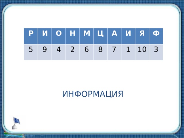 Р И 5 О 9 4 Н М 2 Ц 6 А 8 7 И 1 Я 10 Ф 3 ИНФОРМАЦИЯ 