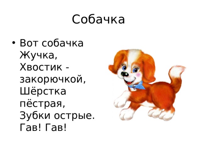 Собачка Вот собачка Жучка,  Хвостик - закорючкой,  Шёрстка пёстрая,  Зубки острые.  Гав! Гав! 