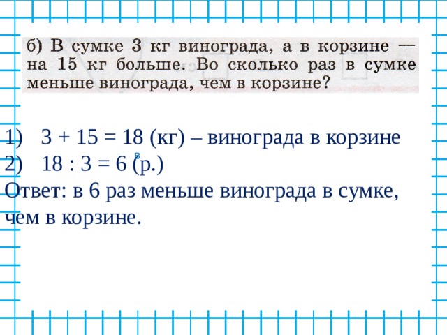 В корзине было в 2 раза. В сумке 3 кг винограда а в корзине на 15 кг. В корзине было в 2 раза меньше винограда. 3 Кг винограда. В корзине было x кг винограда что в два раза меньше.