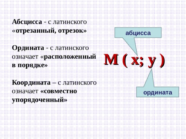  Абсцисса - с латинского « отрезанный, отрезок»  Ордината - с латинского означает « расположенный в порядке»  Координата – с латинского означает «совместно упорядоченный» абцисса М ( х; у ) ордината 
