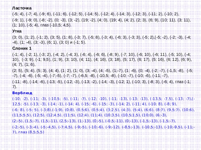 Ласточка (-5; 4), (-7; 4), (-9; 6), (-11; 6), (-12; 5), (-14; 5), (-12; 4), (-14; 3), (-12; 3), (-11; 2), (-10; 2), (-9; 1), (-9; 0), (-8; -2), (0; -3), (3; -2), (19; -2), (4; 0), (19; 4), (4; 2), (2; 3), (6; 9), (10; 11), (3; 11), (1; 10), (-5; 4), глаз (-10,5; 4,5). Утка (3; 0), (1; 2), (-1; 2), (3; 5), (1; 8), (-3; 7), (-5; 8), (-3; 4), (-6; 3), (-3; 3), (-5; 2),(-5; -2), (-2; -3), (-4; -4), (1; -4), (3; -3), (6; 1), (3; 0) и (-1; 5). Слоник 1 (-1; 4), (-2; 1), (-3; 2), (-4; 2), (-4; 3), (-6; 4), (-6; 6), (-8; 9), (-7; 10), (-6; 10), (-6; 11), (-5; 10), (-4; 10), (-3; 9), (-1; 9,5), (1; 9), (3; 10), (4; 11), (4; 16), (3; 18), (5; 17), (6; 17), (5; 16), (6; 12), (6; 9), (4; 7), (1; 6), (2; 5), (5; 4), (5; 3), (4; 4), (1; 2), (1; 0), (3; -4), (4; -5), (1;-7), (1; -6), (0; -4), (-2; -7), (-1,5; -8), (-5; -7), (-4; -6), (-5; -4), (-7;-5), (-7; -7), (-6,5; -8), (-10,5; -8), (-10; -7), (-10; -6), (-11; -7), (-11; -8), (-14; -6), (-13; -5), (-12; -3), (-13; -2), (-14; -3), (-12; 1), (-10; 3), (-8; 3), (-6; 4), глаз (-1; 7). Верблюд (-10; -2), (-11; -3), (-10,5; -5), (-11; -7), (-12; -10), (-11; -13), (-13; -13), (-13,5; -7,5), (-13; -7),(-12,5; -5), (-13; -3), (-14; -1), (-14; 4), (-15; -6), (-15; -3), (-14; 2), (-11; 4), (-10; 8), (-8; 9), (-6; 8), (-5; 5), (-3;8),(-1;9), (0;8), (0,5;6), (0,5;4), (3;2,5), (4;3), (5;4), (6;6), (8;7), (9,5;7), (10;6), (11,5;5,5), (12;5), (12;4,5), (11;5), (12;4), (11;4), (10;3,5), (10,5;1,5), (10;0), (6;-3), (2;-5), (1,5;-7), (1,5;-11), (2,5;-13), (1;-13), (0;-5), (-0,5;-11), (0;-13), (-1,5;-13), (-1,5;-7), (-2;-5), (-3;-4), (-5;-4,5), (-7;4,5), (-9;-5), (-10;-6), (-9;-12), (-8,5;-13), (-10,5;-13), (-10;-9,5), (-11;-7), глаз (8,5;5,5) 