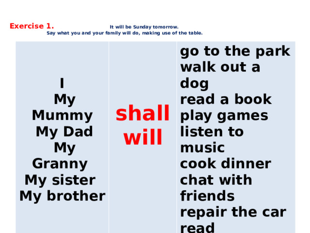    Exercise 1.  It will be Sunday tomorrow.  Say what you and your family will do, making use of the table.        I go to the park   My Mummy walk out a dog   My Dad read a book  play games shall  My Granny will My sister listen to music My brother    cook dinner  chat with friends repair the car read newspapers watch TV go for a walk    