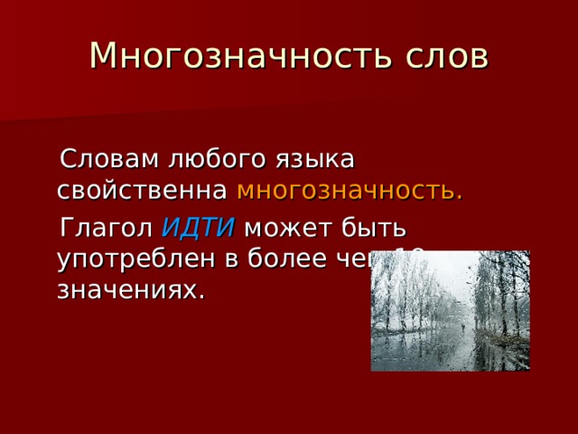 Многозначность слов  Словам любого языка свойственна многозначность.  Глагол ИДТИ может быть употреблен в более чем 18 значениях. 