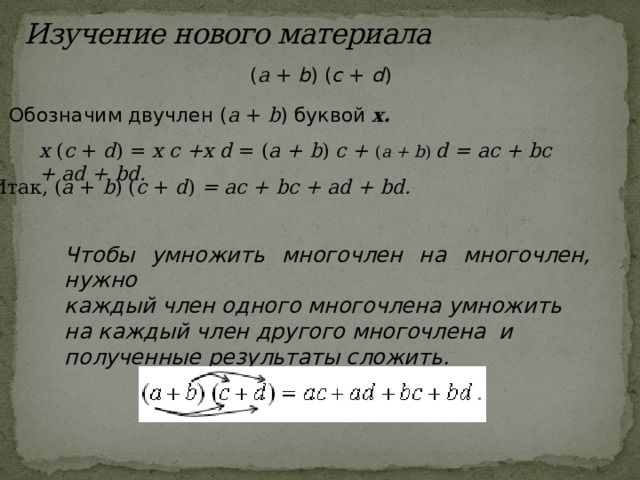 Изучение нового материала ( а + b ) ( c + d ) Обозначим двучлен ( a + b ) буквой х. х ( c + d )  =  x c +x d = ( a + b ) c + ( a + b ) d = ac + bc + ad + bd. Итак, ( a + b ) ( c + d ) = ac + bc + ad + bd.  Чтобы умножить многочлен на многочлен, нужно каждый член одного многочлена умножить на каждый член другого многочлена и полученные результаты сложить. 