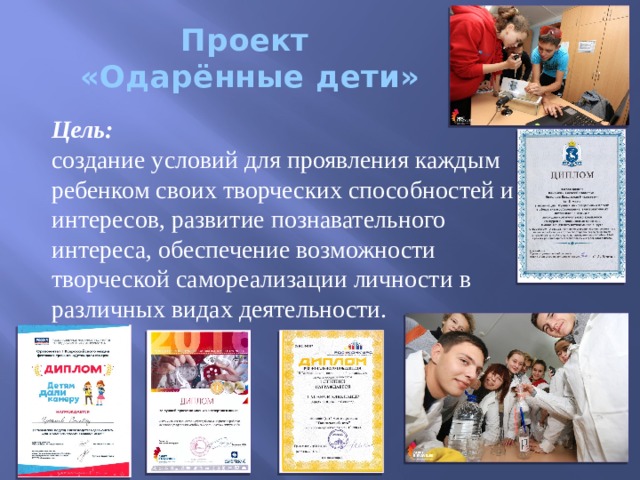 Проект «Одарённые дети»   Цель: создание условий для проявления каждым ребенком своих творческих способностей и интересов, развитие познавательного интереса, обеспечение возможности творческой самореализации личности в различных видах деятельности.