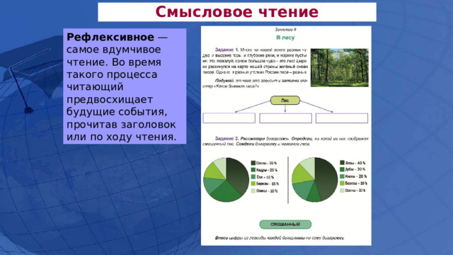 Смысловое чтение Рефлексивное — самое вдумчивое чтение. Во время такого процесса читающий предвосхищает будущие события, прочитав заголовок или по ходу чтения.  
