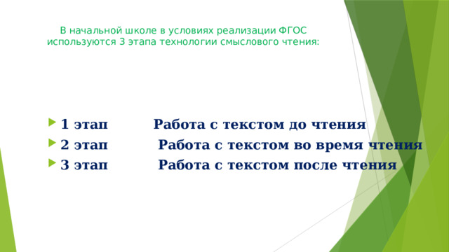 В начальной школе в условиях реализации ФГОС используются 3 этапа технологии смыслового чтения:    1 этап Работа с текстом до чтения 2 этап Работа с текстом во время чтения 3 этап Работа с текстом после чтения 