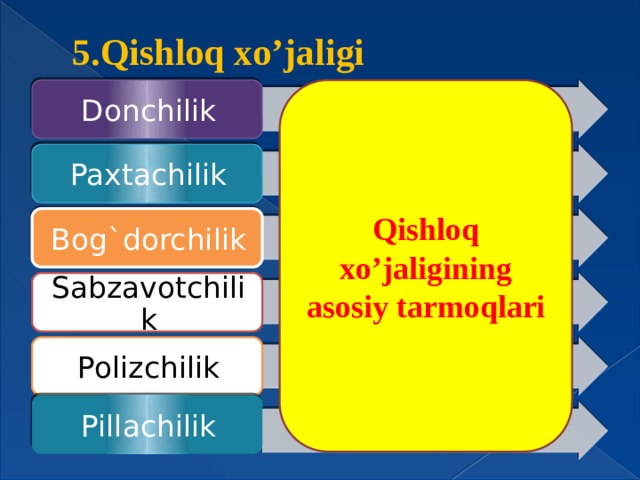 5.Qishloq xo’jaligi Qishloq xo’jaligining asosiy tarmoqlari Donchilik Paxtachilik Bog`dorchilik Sabzavotchilik Polizchilik Pillachilik 