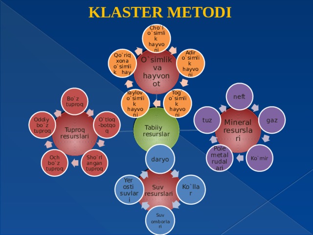  KLASTER METODI Cho`l o`simlik hayvoni O`simlik va hayvonot Adir o`simlik hayvoni Qo`riqxona o`simlik hay neft Bo`z tuproq Yaylov o`simlik hayvoni Tog` o`simlik hayvoni gaz tuz Mineral resurslari Tabiiy resurslar Tuproq resurslari O`tloq -botqoq Oddiy bo`z tuproq daryo Polemetal rudalari Ko`mir Sho`rlangan tuproq Och bo`z tuproq Suv resurslari Ko`llar Yer osti suvlari Suv omborlari 