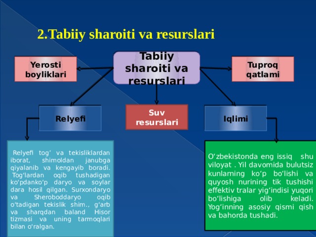 2.Tabiiy sharoiti va resurslari Tabiiy sharoiti va resurslari Yerosti boyliklari Tuproq qatlami Suv resurslari Relyefi Iqlimi   Relyefi tog’ va tekisliklardan iborat, shimoldan janubga qiyalanib va kengayib boradi.  Togʻlardan oqib tushadigan koʻpdankoʻp daryo va soylar dara hosil qilgan. Surxondaryo va Sheroboddaryo oqib oʻtadigan tekislik shim., gʻarb va sharqdan baland Hisor tizmasi va uning tarmoqlari bilan oʻralgan. Oʻzbekistonda eng issiq shu viloyat . Yil davomida bulutsiz kunlarning koʻp boʻlishi va quyosh nurining tik tushishi effektiv tralar yigʻindisi yuqori boʻlishiga olib keladi. Yogʻinning asosiy qismi qish va bahorda tushadi. 