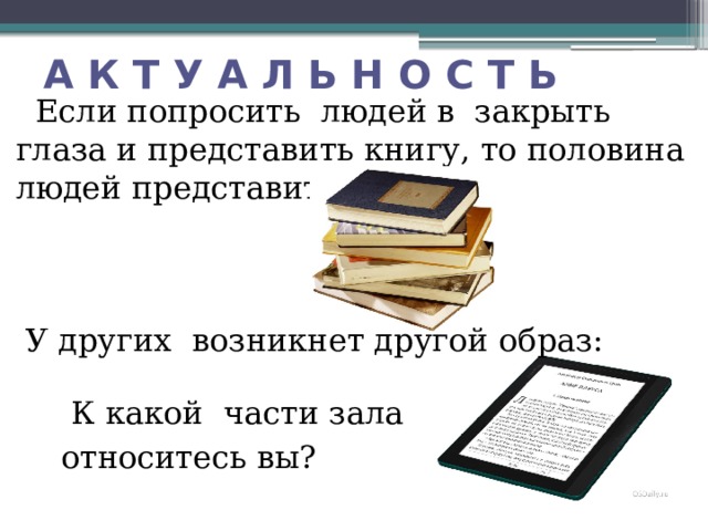 А К Т У А Л Ь Н О С Т Ь  Если попросить людей в закрыть глаза и представить книгу, то половина людей представит :  У других возникнет другой образ:  К какой части зала относитесь вы?