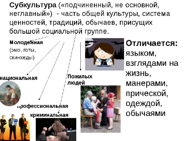 Субкультура – это часть культуры общества, которая отличается поведением от преобладающего большинства.  