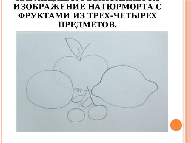 На листе бумаге карандашом выполняется изображение натюрморта с фруктами из трех-четырех предметов. 