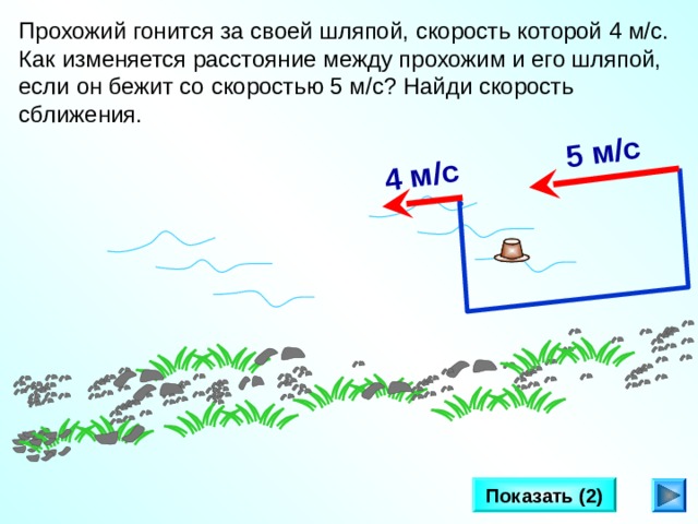 5 м/с 4 м/с Прохожий гонится за своей шляпой, скорость которой 4 м/с. Как изменяется расстояние между прохожим и его шляпой, если он бежит со скоростью 5 м/с? Найди скорость сближения. Л.Г. Петерсон «Математика 4 класс» Урок 24. Сделайте клик по кнопке «Показать» ( 2  раза)   Показать (2) 4 