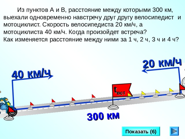 20 км/ч 40 км/ч t вст 300 км  Из пунктов А и В, расстояние между которыми 300 км, выехали одновременно навстречу друг другу велосипедист и мотоциклист. Скорость велосипедиста 20 км/ч, а мотоциклиста 40 км/ч. Когда произойдет встреча? Как изменяется расстояние между ними за 1 ч, 2 ч, 3 ч и 4 ч? Л.Г. Петерсон «Математика 4 класс» Урок 2 6. Показать (6) 8 