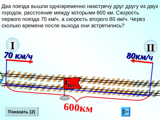 8 0км/ч  600км  70 км/ч  t вст Два поезда вышли одновременно навстречу друг другу из двух городов, расстояние между которыми 600 км. Скорость первого поезда 70 км/ч, а скорость второго 80 км/ч. Через сколько времени после выхода они встретились? I II Л.Г. Петерсон «Математика 4 класс» Урок 2 6.  Показать (2) 10 
