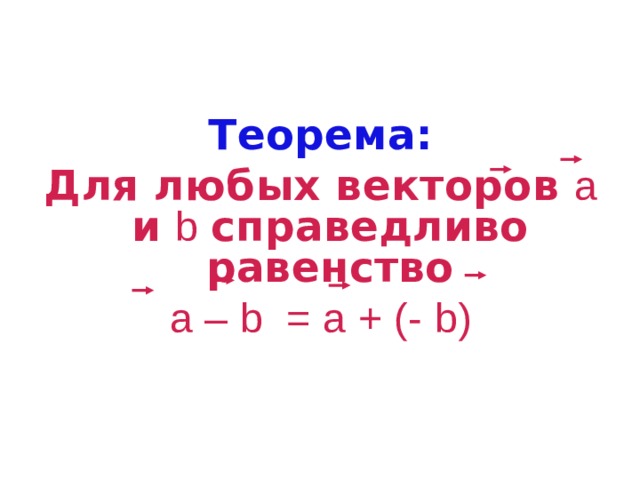 Теорема: Для любых векторов а и b  справедливо равенство а – b = а + (- b ) 