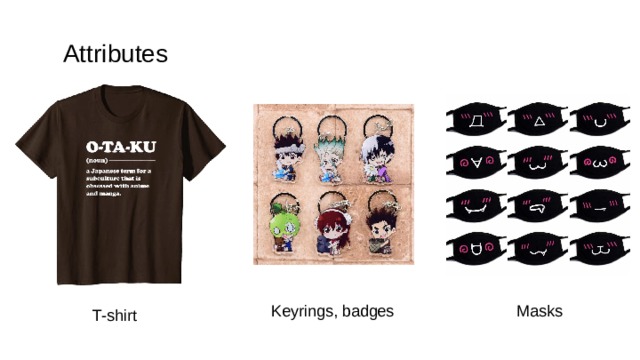  Attributes Keyrings, badges Masks T-shirt 