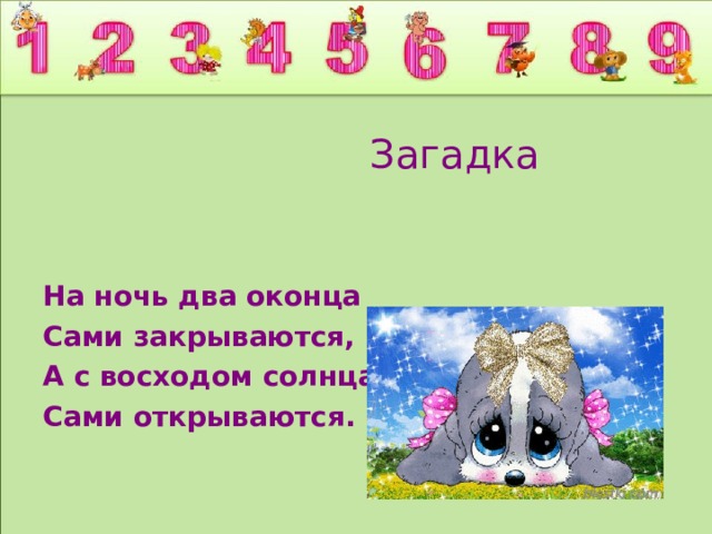  Загадка  На ночь два оконца Сами закрываются, А с восходом солнца Сами открываются. 