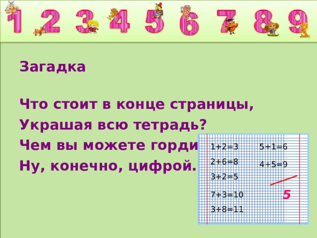 Загадка Что стоит в конце страницы, Украшая всю тетрадь? Чем вы можете гордиться? Ну, конечно, цифрой… 1+2=3 5+1=6 2+6=8 4+5=9 3+2=5 5 7+3=10 3+8=11 