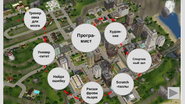 Тренировка для мозга Худож-ник Програ-мист Универ-ситет Спортивный зал Найди ошибку Scratch-пазлы Расшифровальщик 