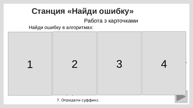 Станция «Найди ошибку» Работа з карточками Найди ошибку в алгоритмах: Выкопай в земле ямку. 2. Установить в ямку саженец. 3. Засыпать ямку с саженцем землей. 4. Полить саженец водой. Извлечь ключ. Вставить ключ в замок. Провернуть ключ дважды по часовой стрелке. 4. Вынуть ключ . Подойти к прилавку.  Выбрать нужный товар. Подойти к кассе. . Оплатить товар. 4 3 2 1 Прочитай слово. 2. Определи окончания 3. Задать основу.  4. Подбери родственные слова. 5. Определи корень.  6. Определи префикс. 7. Определи суффикс. 