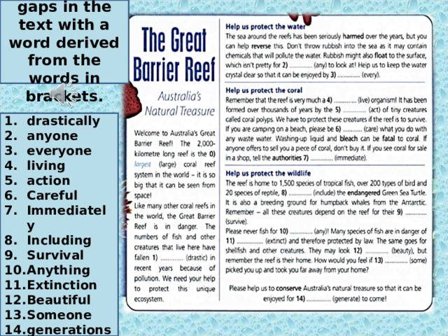 Complete the gaps in the text with a word derived from the words in brackets. drastically anyone everyone living action Careful Immediately Including Survival Anything Extinction Beautiful Someone generations 