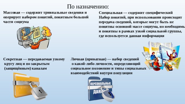 По назначению: Массовая — содержит тривиальные сведения и оперирует набором понятий, понятным большей части социума Специальная — содержит специфический Набор понятий, при использовании происходит передача сведений, которые могут быть не понятны основной массе социума, но необходимы и понятны в рамках узкой социальной группы, где используется данная информация Личная (приватная) — набор сведений Секретная — передаваемая узкому  о какой-либо личности, определяющий социальное положение и типы социальных взаимодействий внутри популяции  кругу лиц и по закрытым  (защищённым) каналам 