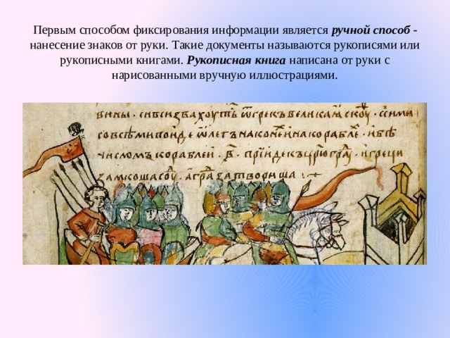 Первым способом фиксирования информации является ручной способ - нанесение знаков от руки. Такие документы называются рукописями или рукописными книгами. Рукописная книга написана от руки с нарисованными вручную иллюстрациями. 