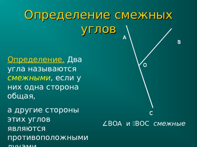 Определение смежных углов А А А А А А А А В В В В В В В В Определение. Два угла называются смежными , если у них одна сторона общая, а другие стороны этих углов являются противоположными лучами. О О О О О О О О С С С С С С С С  ВОА и  ВОС смежные 