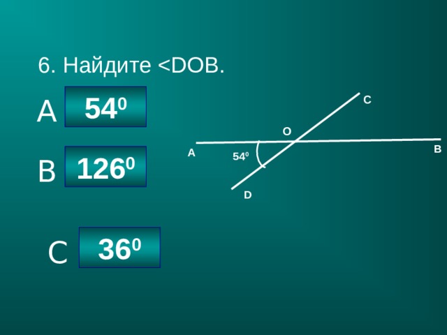 6. Найдите 54 0 A С О В А 54 0 126 0 B D 36 0 C 