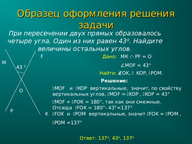 Образец оформления решения задачи При пересечении двух прямых образовалось четыре угла. Один из них равен 43 0 . Найдите величины остальных углов . МК   PF = О Дано: F  МО F = 43 ° M 43 0  FOK,  KOP,  POM.  Найти: Решение:  МО F и  KOP вертикальные, значит, по свойству вертикальных углов,  МО F =  KOP ,  KOP = 43 ° O  МО F +  FOK = 180 ° , так как они смежные. Отсюда  FOK = 180 ° - 43 ° =137 ° P K  FOK и  POM вертикальные, значит  FOK =  POM ,  POM =137 ° Ответ: 137 0 , 43 0 , 137 0 