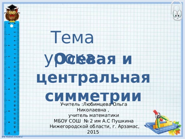 Тема урока: Осевая и центральная симметрии Учитель :Любимцева Ольга Николаевна , учитель математики МБОУ СОШ № 2 им А.С Пушкина  Нижегородской области, г. Арзамас, 2015 