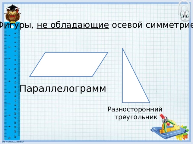Фигуры, не обладающие осевой симметрией Параллелограмм Разносторонний треугольник 