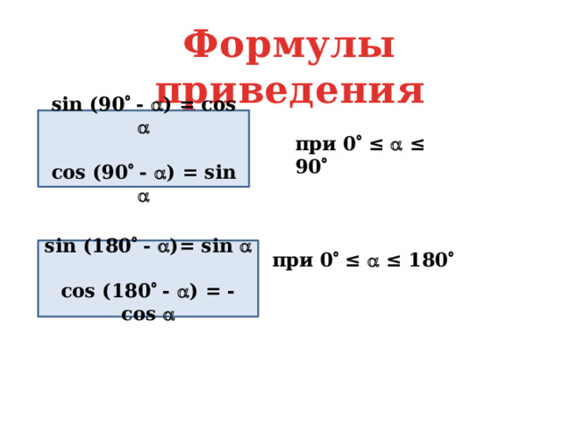 Формулы приведения sin (90  -  ) = cos   cos (90  -  ) = sin  при 0  ≤  ≤ 90  sin (180  -  )= sin   cos (180  -  ) = - cos  при 0  ≤  ≤ 180  