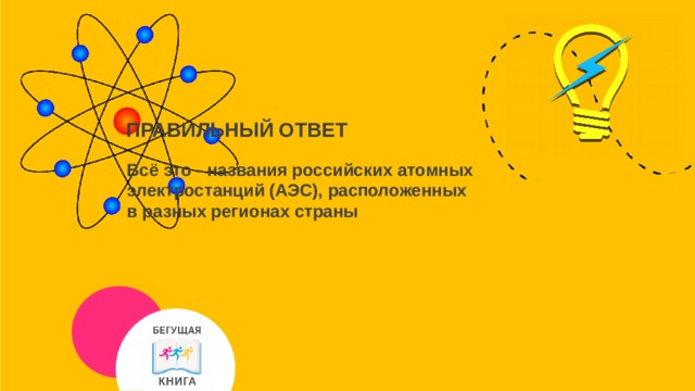 ПРАВИЛЬНЫЙ ОТВЕТ Всё это - названия российских атомных электростанций (АЭС), расположенных в разных регионах страны  