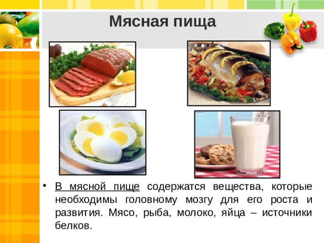 Мясная пища В мясной пище содержатся вещества, которые необходимы головному мозгу для его роста и развития. Мясо, рыба, молоко, яйца – источники белков. 