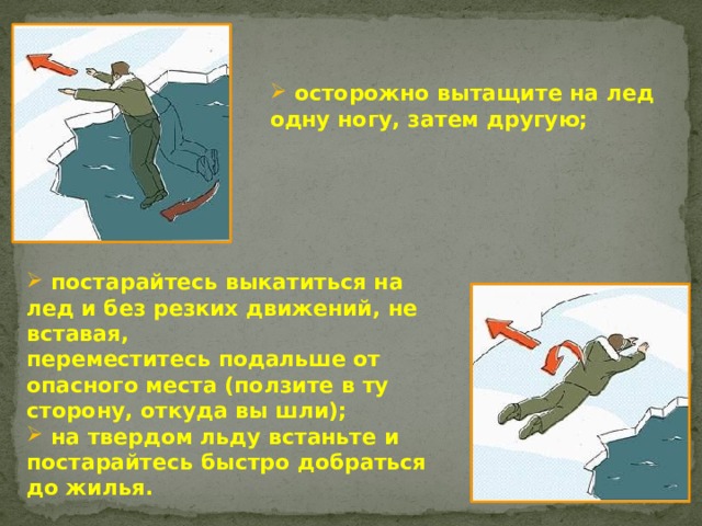  осторожно вытащите на лед одну ногу, затем другую;    постарайтесь выкатиться на лед и без резких движений, не вставая, переместитесь подальше от опасного места (ползите в ту сторону, откуда вы шли);  на твердом льду встаньте и постарайтесь быстро  добраться до жилья. 