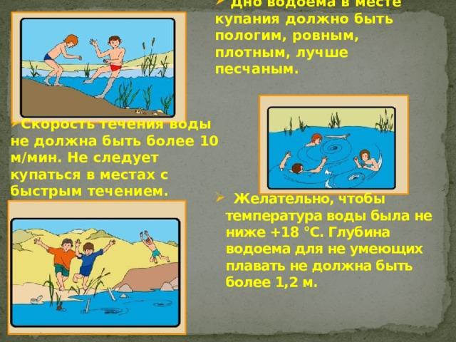     Дно водоема в месте купания должно быть пологим, ровным, плотным, лучше песчаным.           Скорость течения воды не должна быть более 10 м/мин. Не следует купаться в местах с быстрым течением.       Желательно, чтобы температура воды была не ниже +18 °С. Глубина водоема для не умеющих плавать не должна быть более 1,2 м.    