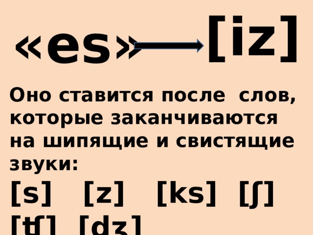 [iz] «es» Оно ставится после слов, которые заканчиваются на шипящие и свистящие звуки: [s] [z] [ks] [ʃ] [ʧ] [dӡ] 